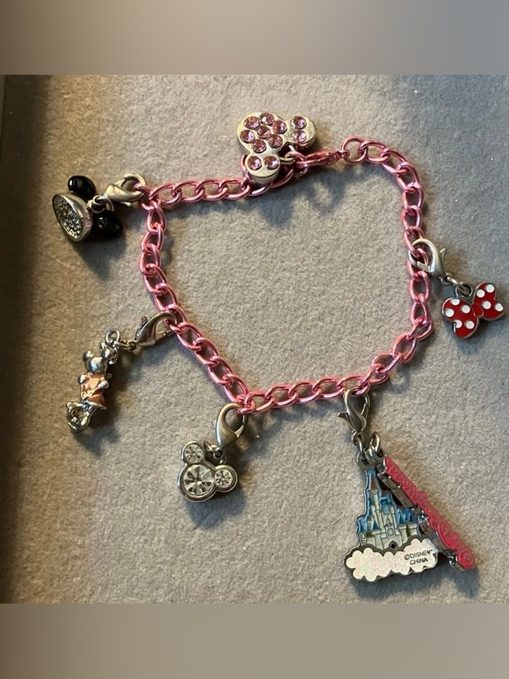 Walt Disney World Pink Charm Bracelet Castle Minnie Mouse Mickey Ears 7.25”